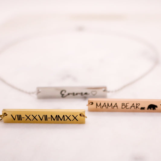 Personalized Gold Bar Necklace: Engraved Name, Roman Numerals - Torianic Jewelry