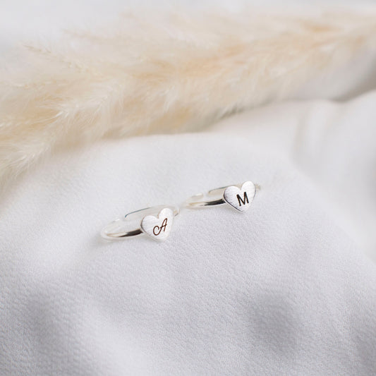 Sterling Silver Custom Initial Heart Ring: Adjustable Stacking Ring - Torianic Jewelry