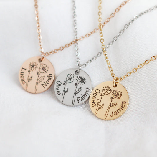 Personalized Birth Month Flower Necklace, Custom Name Jewelry - Torianic Jewelry