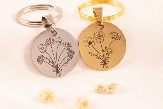 Birth Flower Bouquet Keychain - Personalized Floral Gift - Torianic Jewelry