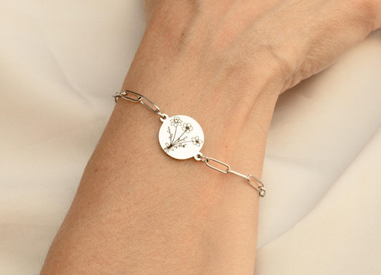 Custom Birth Flower Bouquet Bracelet: Paperclip Chain Floral Jewelry - Torianic Jewelry