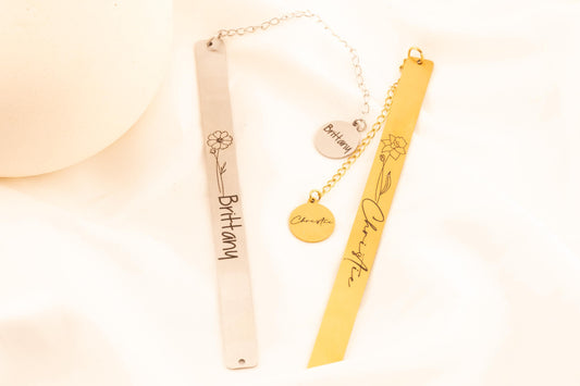 Personalized Birth Flower Name Bookmark, Custom Engraved Floral Metal Page Marker, Elegant Gift for Book - Torianic Jewelry