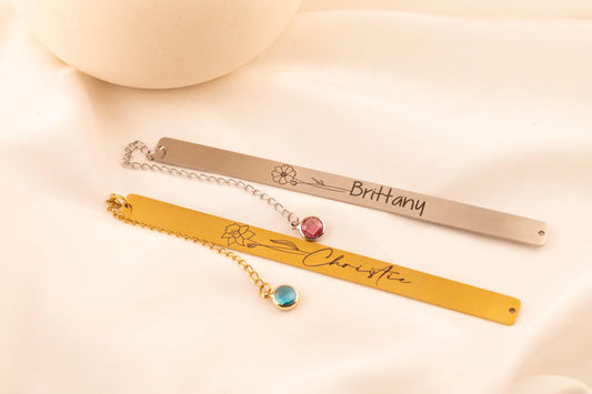 Personalized Birth Flower Bookmark with Birthstone, Engraved Metal Page Marker, Custom Floral Bookmark Gift - Torianic Jewelry