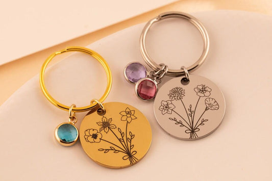 Birthstone Keychain for Mom, Personalized Birth Flower Keychain, Custom Engraved Keyring, Gift for Grandma, - Torianic Jewelry