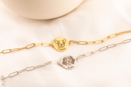 Custom Pet Portrait Bracelet: Engraved Dog Face Paperclip Chain - Torianic Jewelry