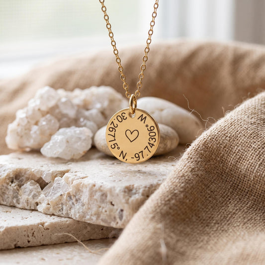 Coordinate Necklace, Personalized GPS Location Necklace, Engraved Disc Pendant, Custom Latitude Longitude - Torianic Jewelry