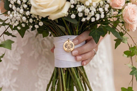 Wedding Bouquet Charm Custom Pet Portrait, Engraved Bridal Keepsake, Dog Cat Memorial Gift for Bride Walking - Torianic Jewelry