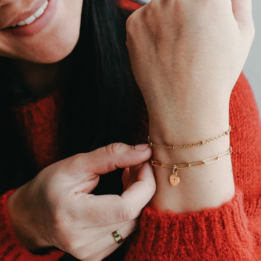 Layered Bracelet - bridesmaids letter - Paper clip Bracelet - Satellite Bracelet Set of 2 Initial Layer - hypoallergen - Torianic Jewelry