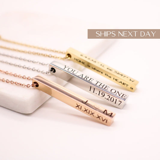 Silver Personalized Bar Necklace long vertical bar vertical bar pendant Mothers day present 4 sided bar necklace - Torianic Jewelry