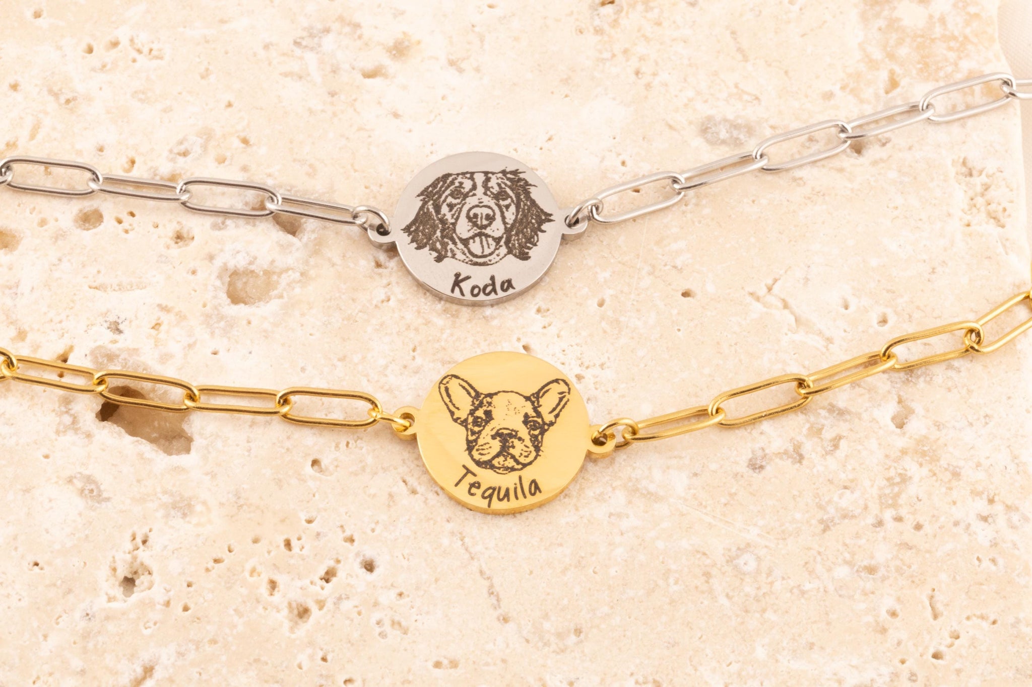 Custom Pet Portrait Bracelet: Engraved Dog Face Paperclip Chain - Torianic Jewelry