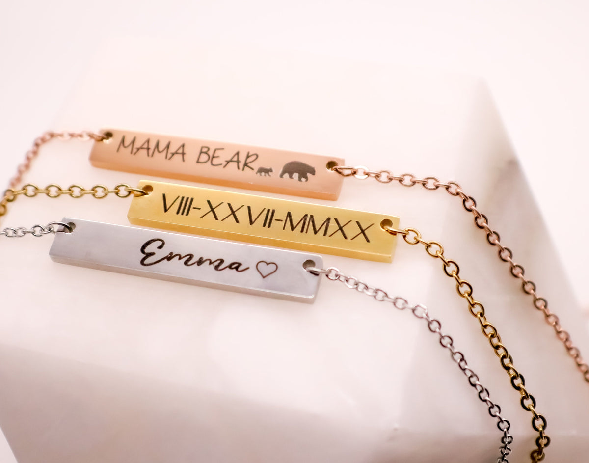 Personalized Gold Bar Necklace: Engraved Name, Roman Numerals - Torianic Jewelry
