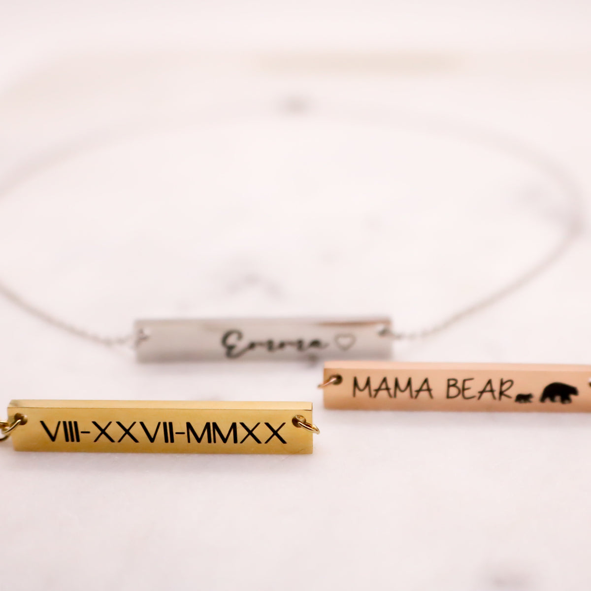 Personalized Gold Bar Necklace: Engraved Name, Roman Numerals - Torianic Jewelry