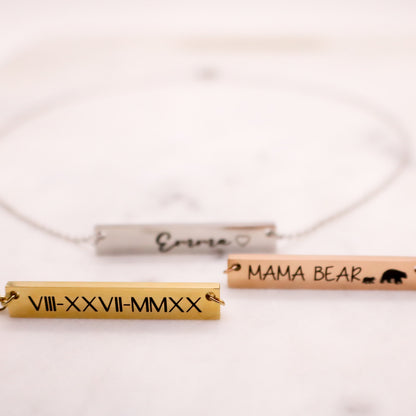 Personalized Gold Bar Necklace: Engraved Name, Roman Numerals - Torianic Jewelry