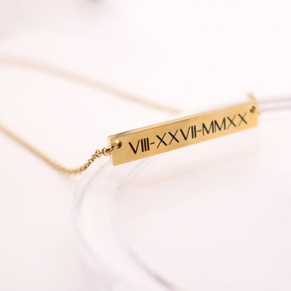 Personalized Gold Bar Necklace: Engraved Name, Roman Numerals - Torianic Jewelry