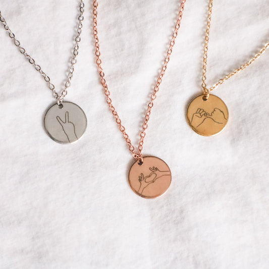 Hand Gesture Necklace: Personalized Stainless Steel Disc, ASL Jewelry - Torianic Jewelry