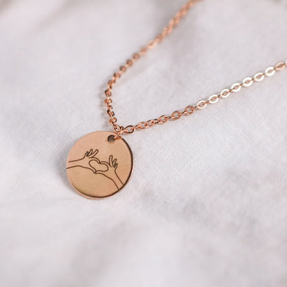 Hand Gesture Necklace: Personalized Stainless Steel Disc, ASL Jewelry - Torianic Jewelry