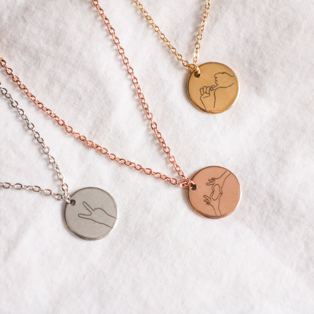 Hand Gesture Necklace: Personalized Stainless Steel Disc, ASL Jewelry - Torianic Jewelry
