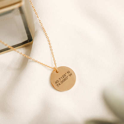 Custom Coordinates Circle Necklace, Personalized Latitude Longitude Jewelry, disc necklace - Torianic Jewelry