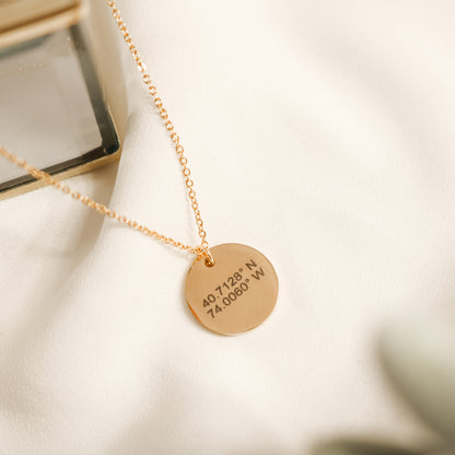 Custom Coordinates Circle Necklace, Personalized Latitude Longitude Jewelry, disc necklace - Torianic Jewelry