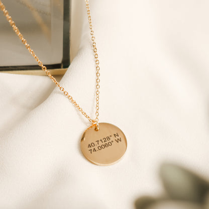 Custom Coordinates Circle Necklace, Personalized Latitude Longitude Jewelry, disc necklace - Torianic Jewelry