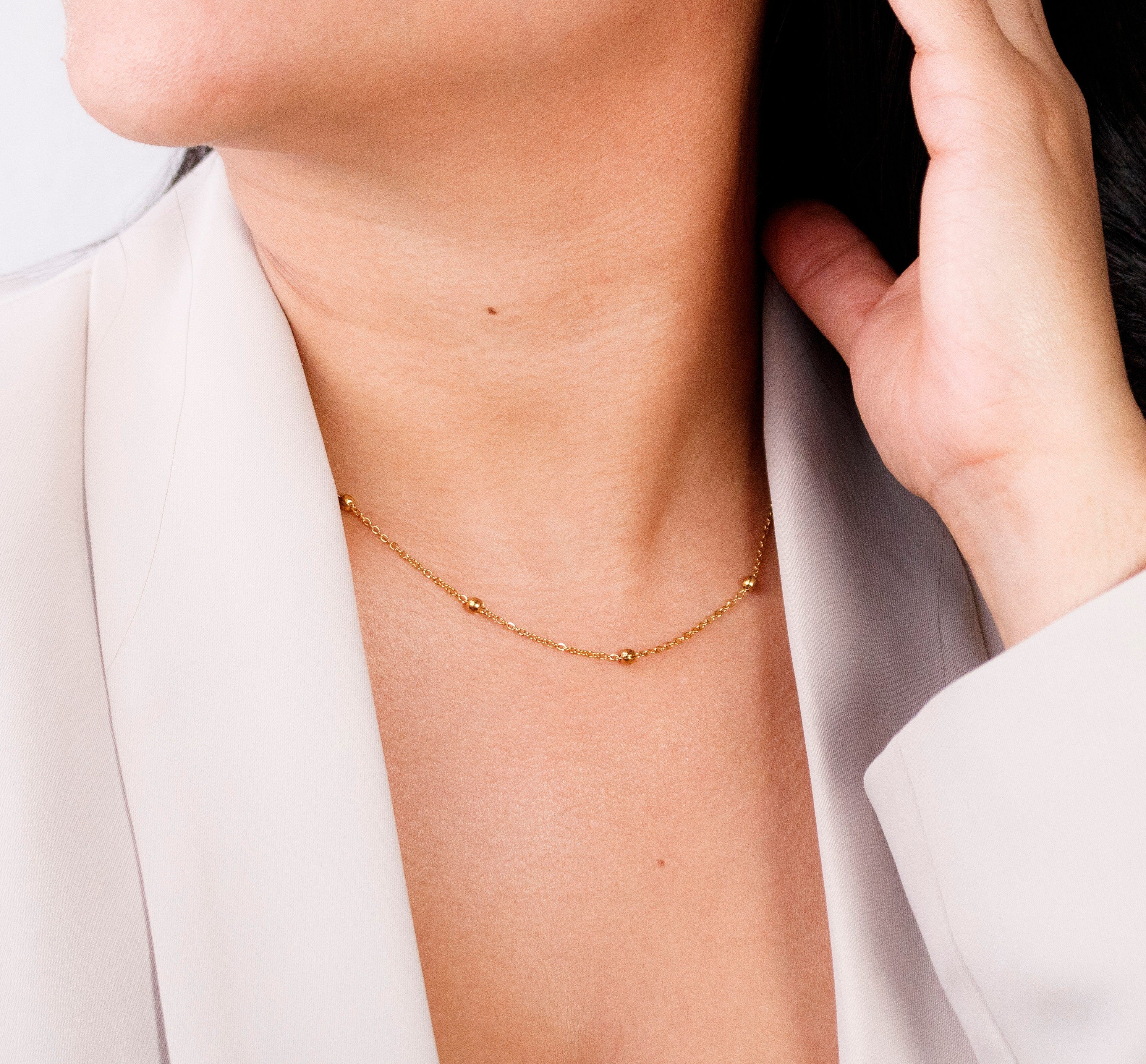 Dainty Gold Beaded Satellite Chain Choker - Torianic Jewelry