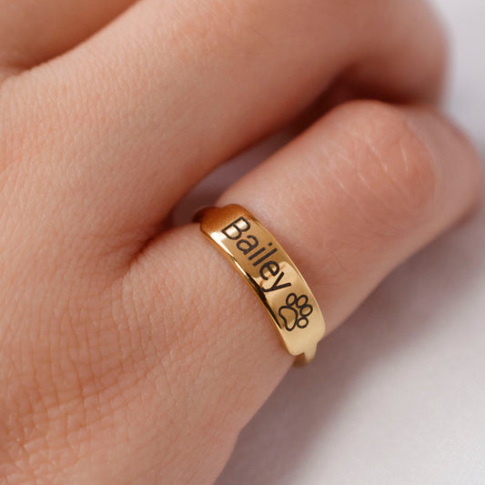 Custom Pet Paw Ring: Personalized Name Stacking Ring, Dog Cat Memorial - Torianic Jewelry