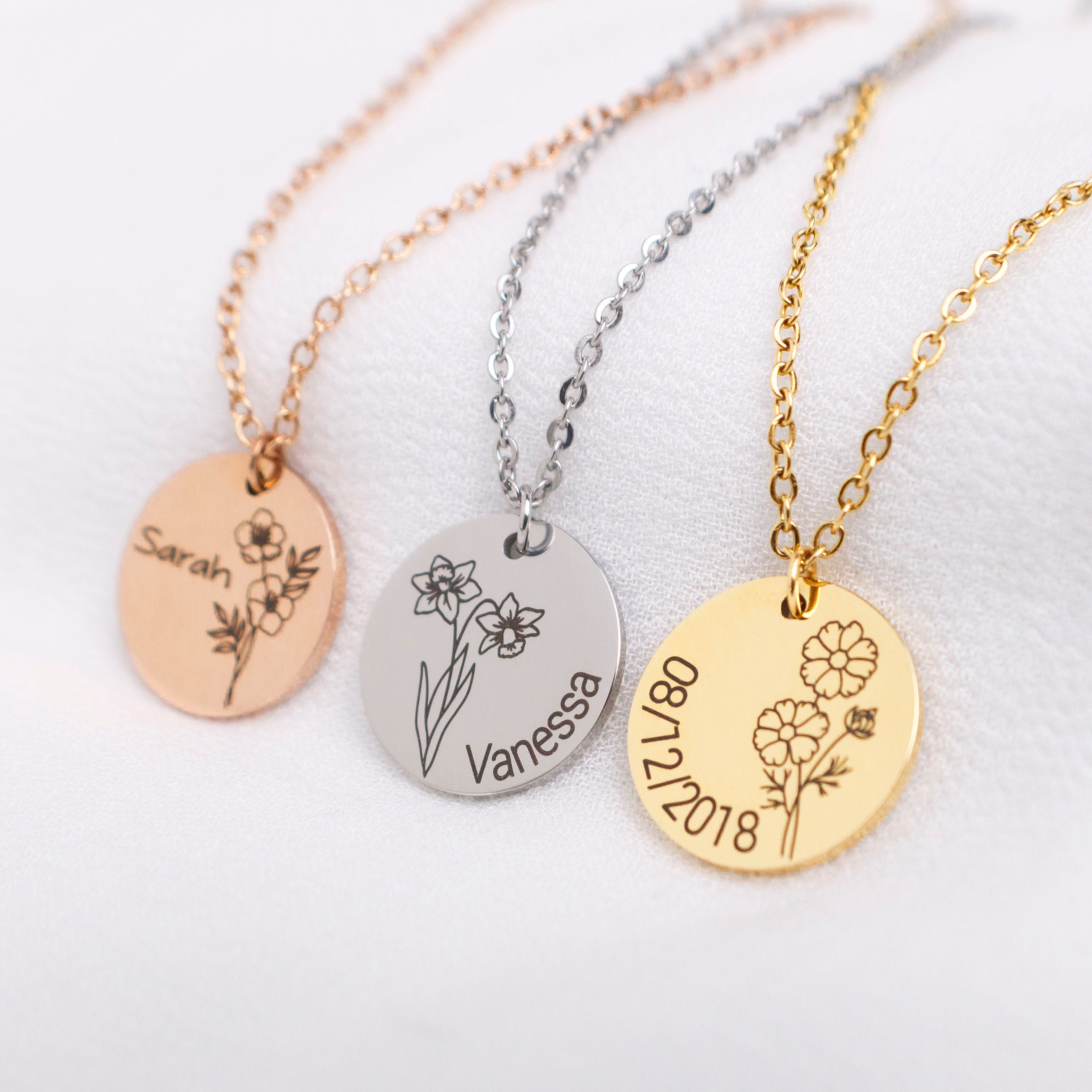 Personalized Birth Flower Necklace: Engraved Wildflower Jewelry with name - Torianic Jewelry
