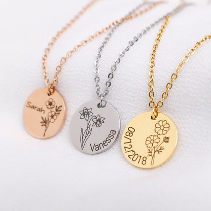 Personalized Birth Flower Necklace: Engraved Wildflower Jewelry with name - Torianic Jewelry