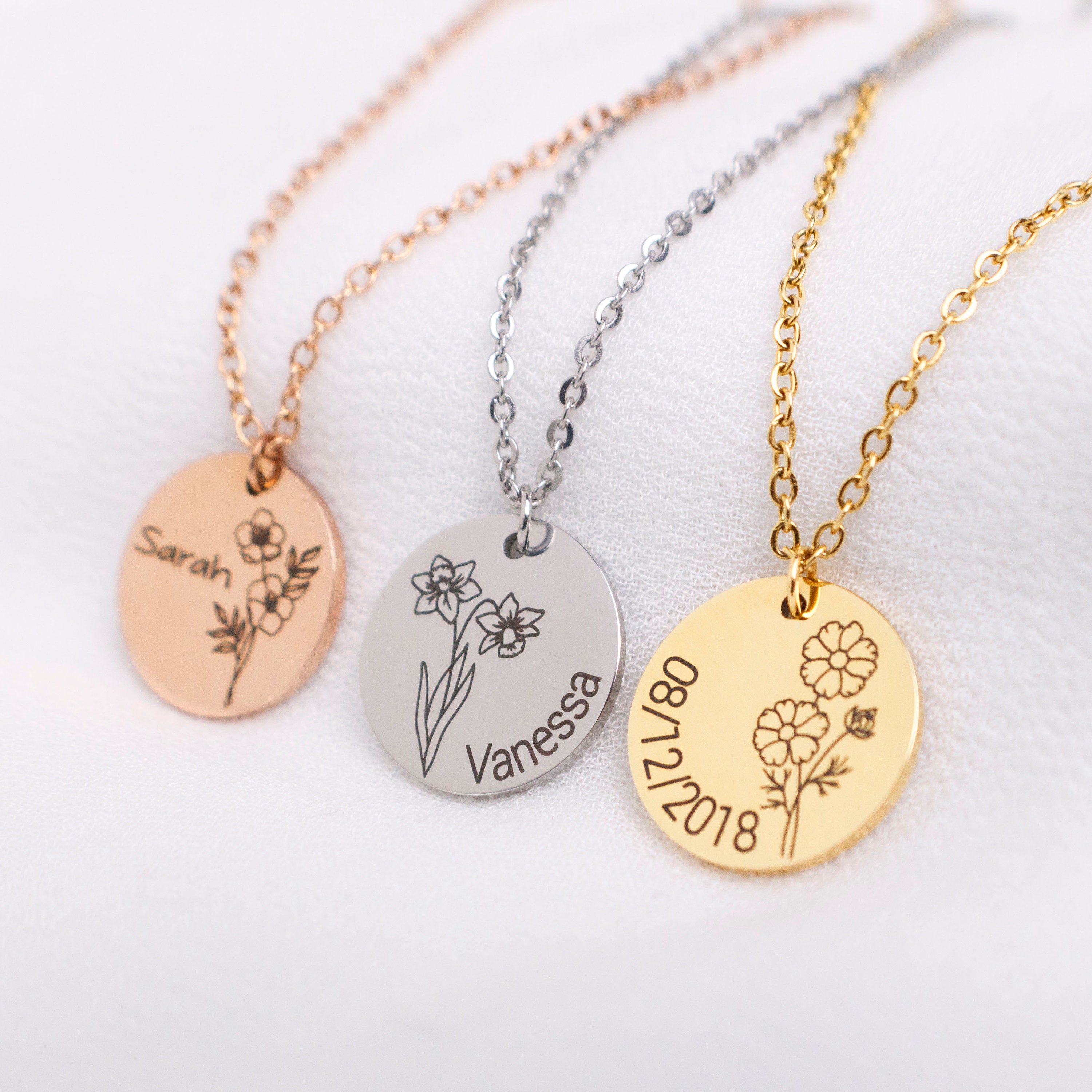 Personalized Birth Flower Necklace: Engraved Wildflower Jewelry with name - Torianic Jewelry