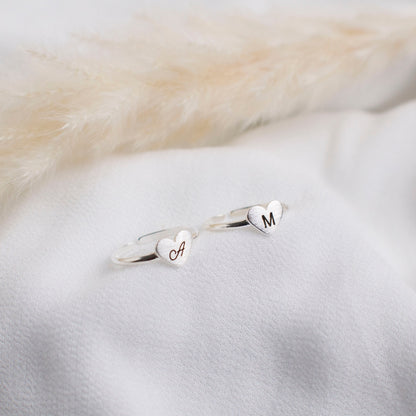 Sterling Silver Custom Initial Heart Ring: Adjustable Stacking Ring - Torianic Jewelry