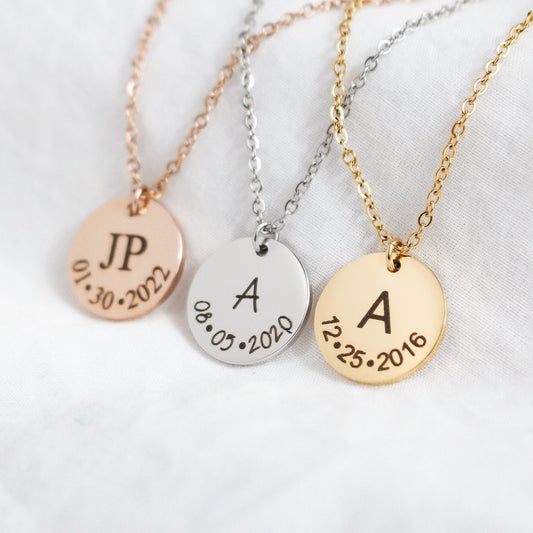 Personalized Initial & Date Necklace: Stainless Steel Monogrammed Jewelry - Torianic Jewelry