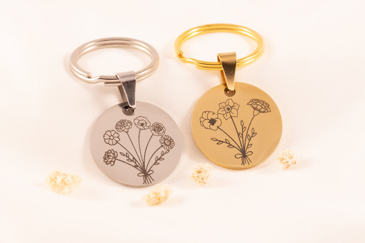 Birth Flower Bouquet Keychain - Personalized Floral Gift - Torianic Jewelry