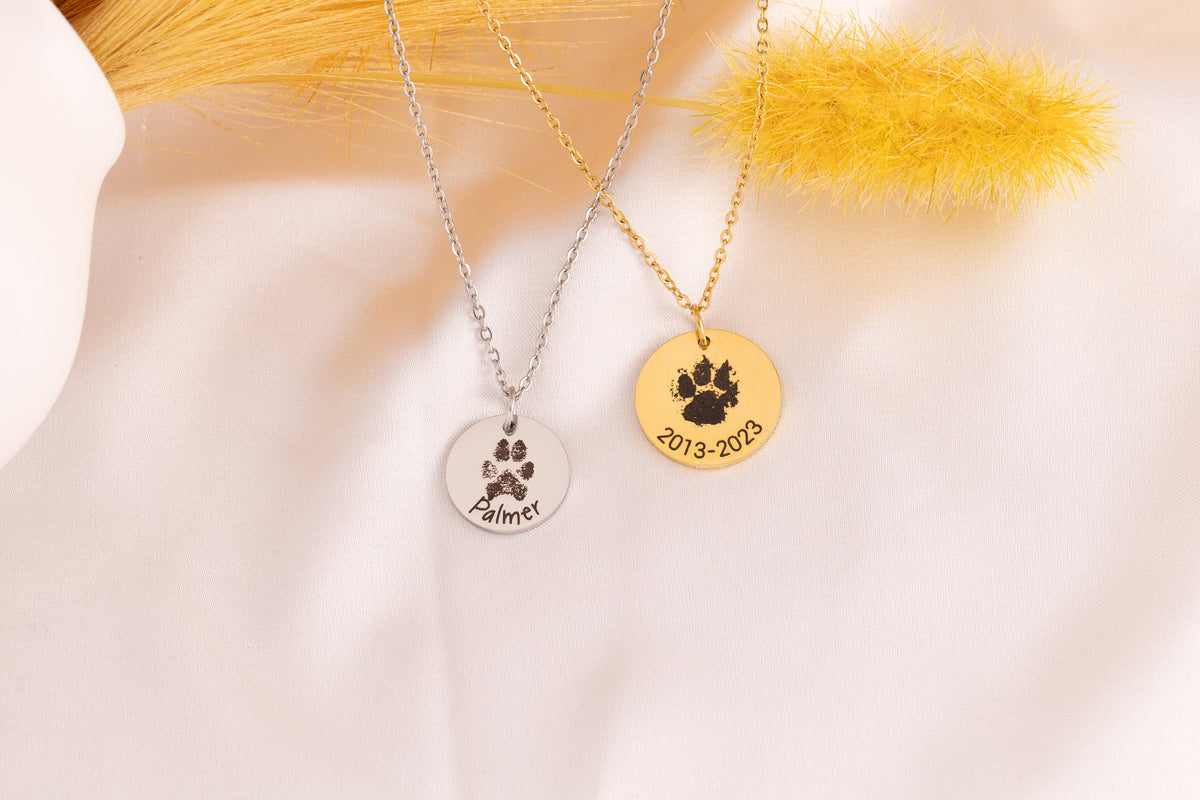 Custom Paw Print Necklace: Engraved Pet Portrait, Stainless Steel - Torianic Jewelry