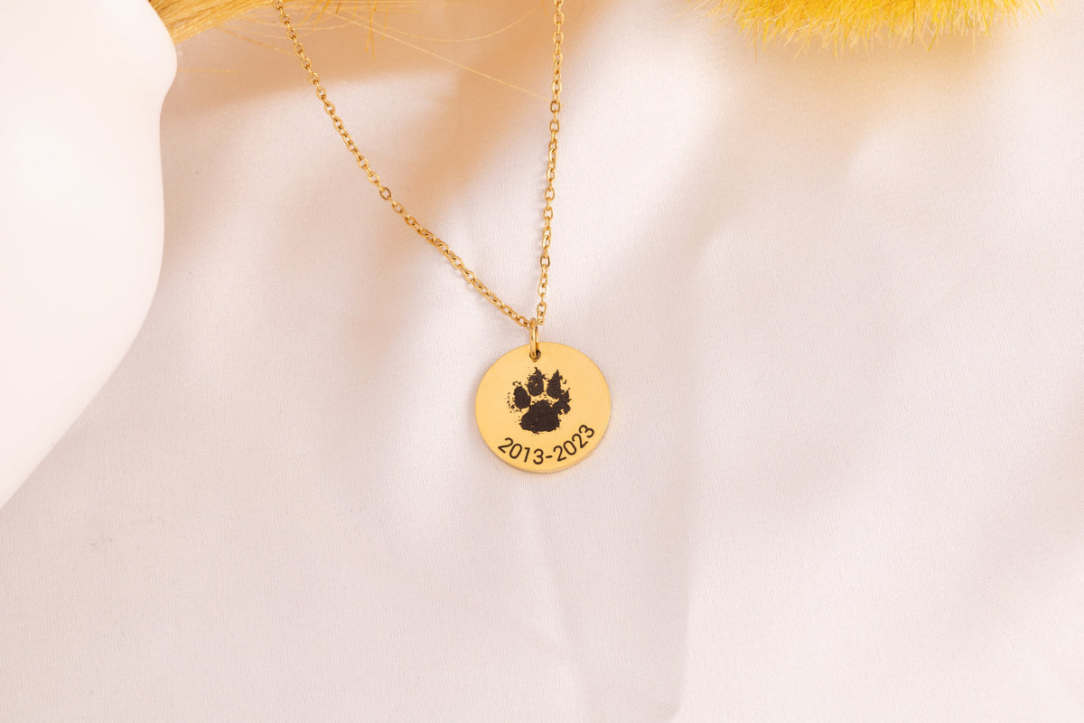 Custom Paw Print Necklace: Engraved Pet Portrait, Stainless Steel - Torianic Jewelry