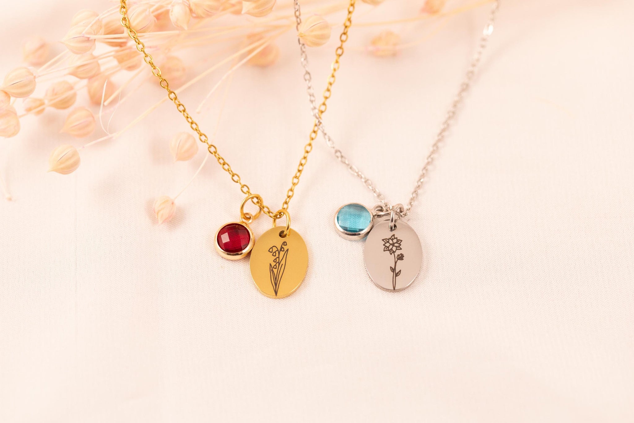 Birth Flower Necklace - Stainless Steel Birthstone Charm