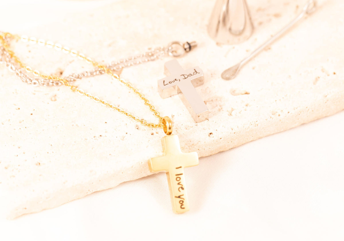 Personalized Handwriting Cremation Cross Necklace: Memorial Urn Jewelry - Torianic Jewelry