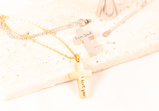 Personalized Handwriting Cremation Cross Necklace: Memorial Urn Jewelry - Torianic Jewelry