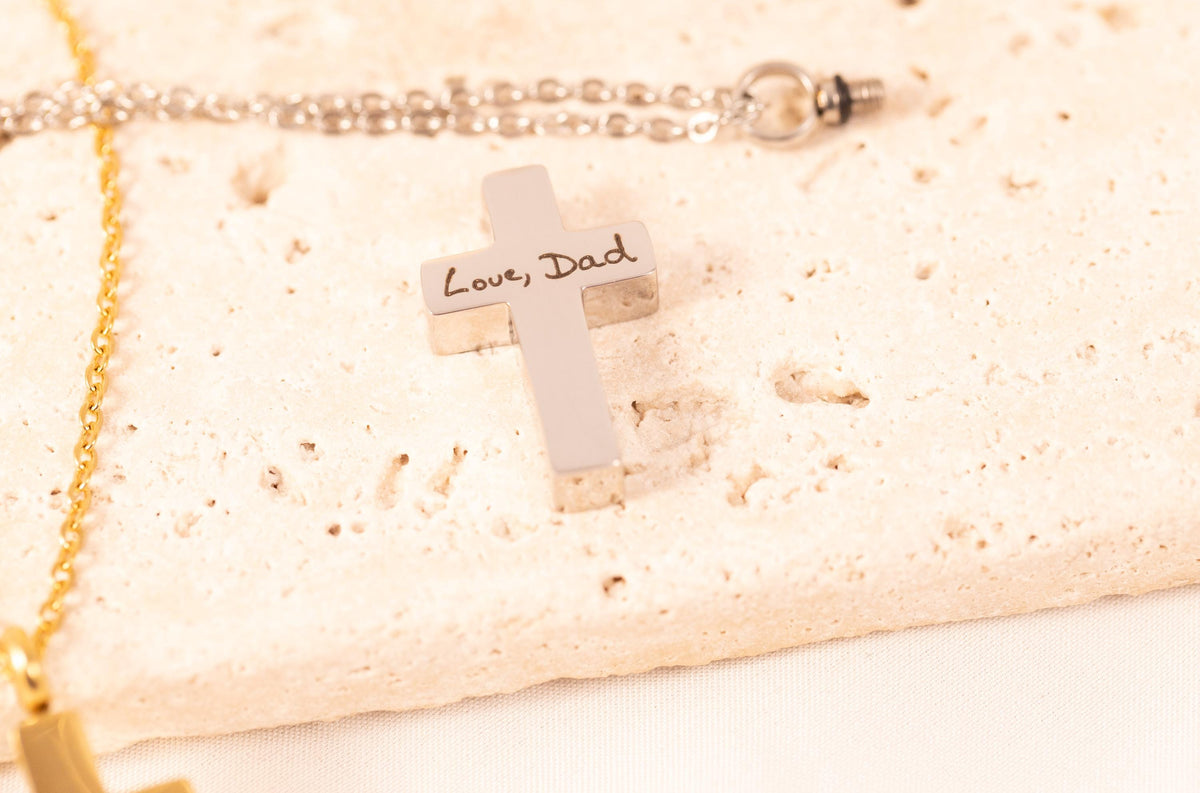 Personalized Handwriting Cremation Cross Necklace: Memorial Urn Jewelry - Torianic Jewelry