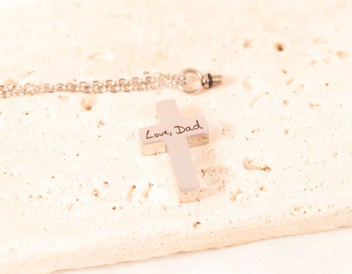 Personalized Handwriting Cremation Cross Necklace: Memorial Urn Jewelry - Torianic Jewelry