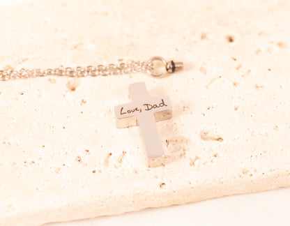 Personalized Handwriting Cremation Cross Necklace: Memorial Urn Jewelry - Torianic Jewelry