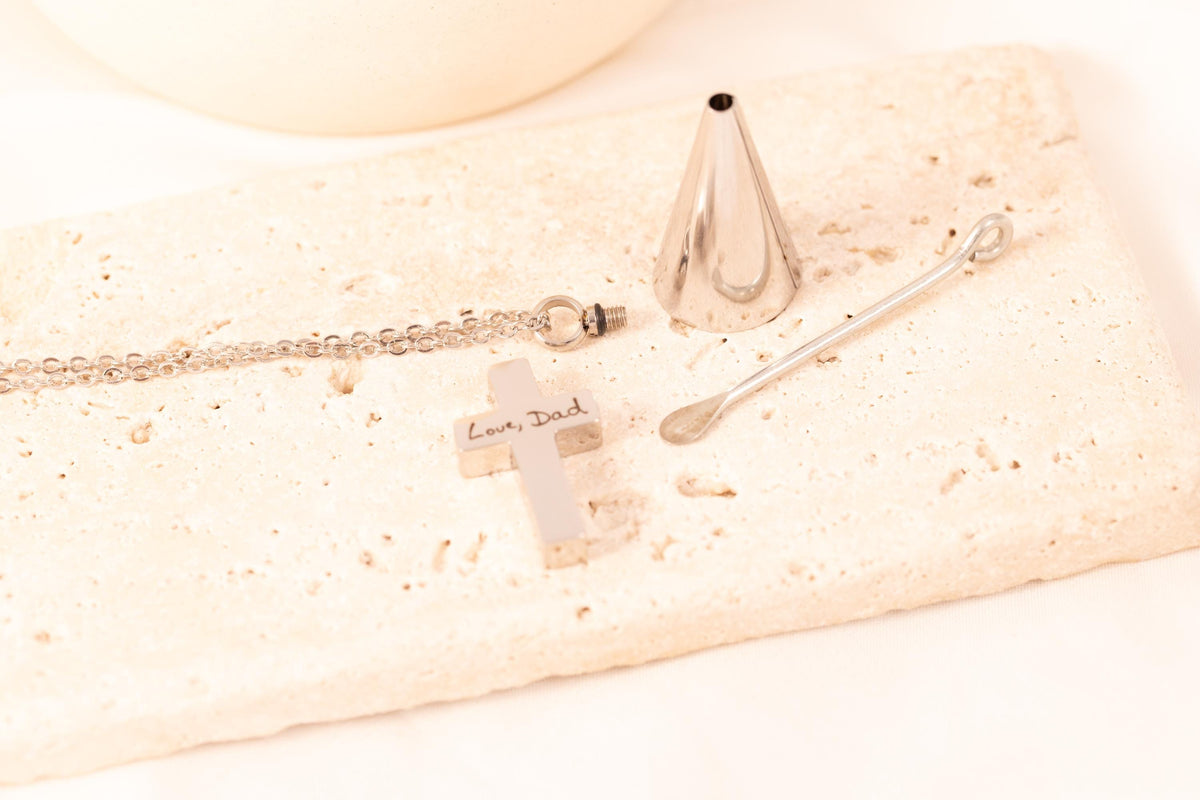 Personalized Handwriting Cremation Cross Necklace: Memorial Urn Jewelry - Torianic Jewelry