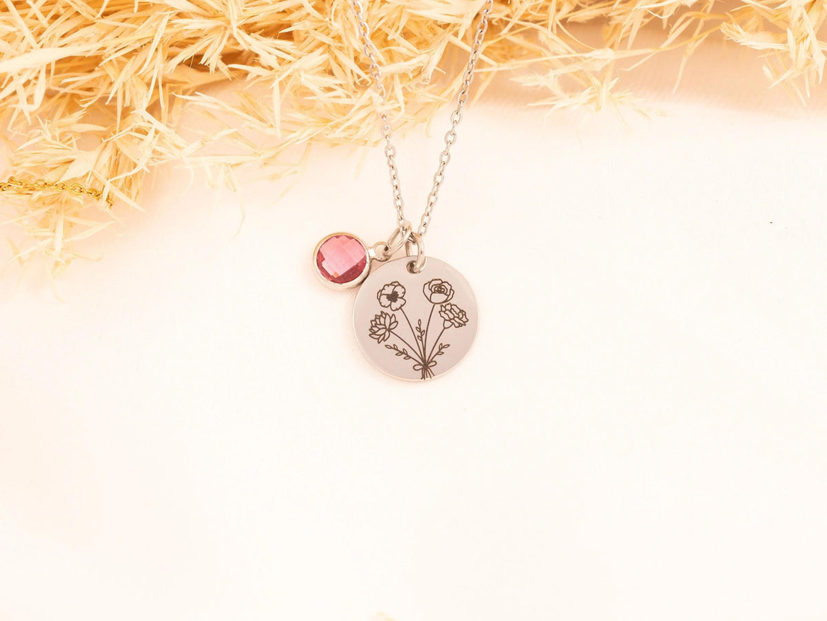 Birthday Gift for Her, Birth Flower Bouquet Necklace with Birthstone, Best Friend Gift, Personalized Jewelry - Torianic Jewelry