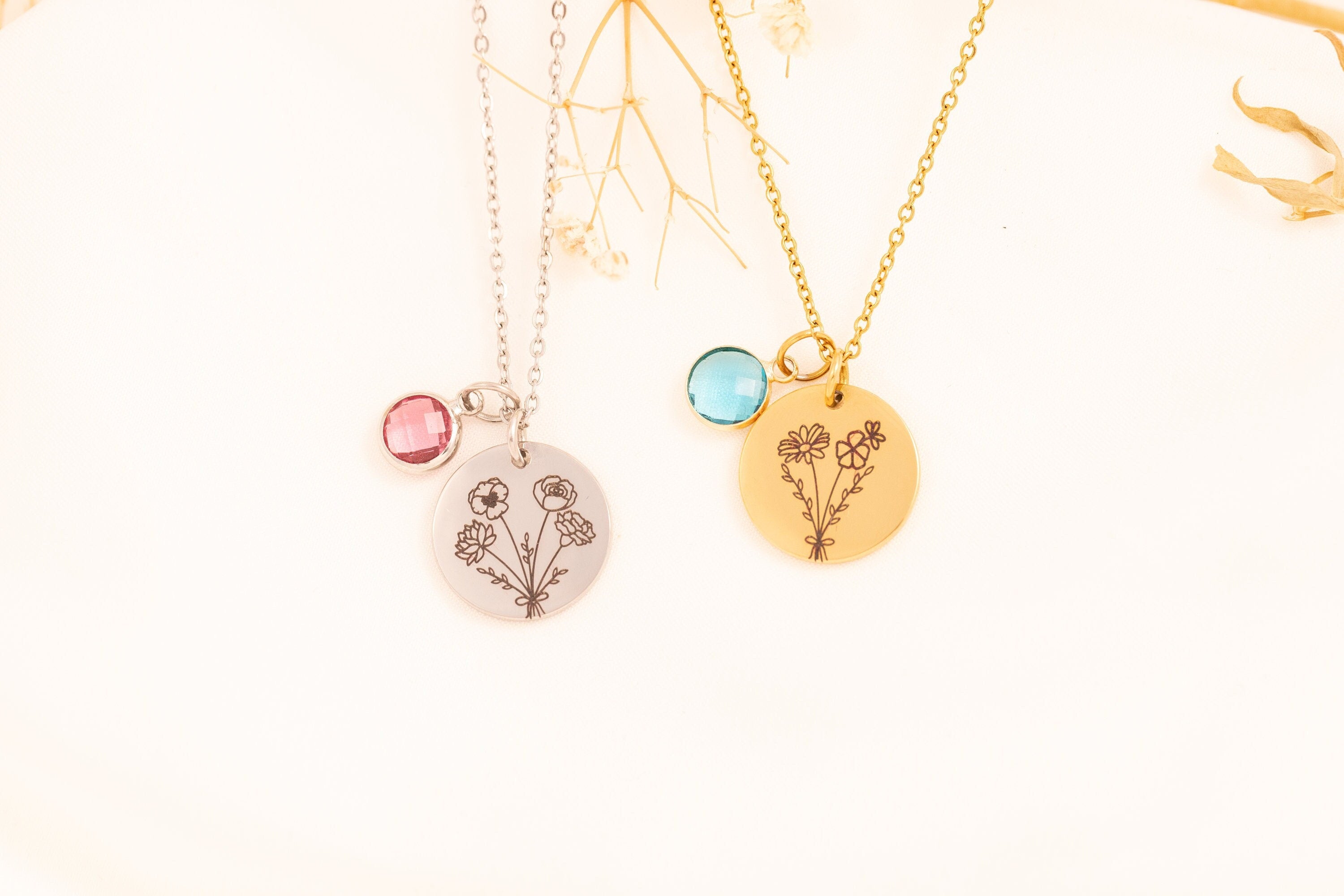 Birthday Gift for Her, Birth Flower Bouquet Necklace with Birthstone, Best Friend Gift, Personalized Jewelry - Torianic Jewelry