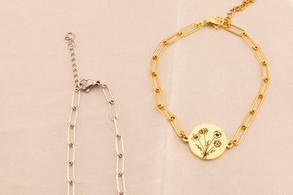 Custom Birth Flower Bouquet Bracelet: Paperclip Chain Floral Jewelry - Torianic Jewelry