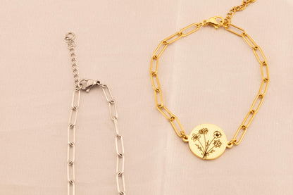 Custom Birth Flower Bouquet Bracelet: Paperclip Chain Floral Jewelry - Torianic Jewelry