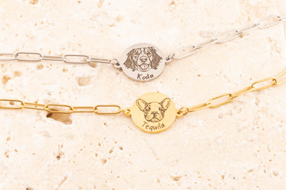 Custom Pet Portrait Bracelet: Engraved Dog Face Paperclip Chain - Torianic Jewelry