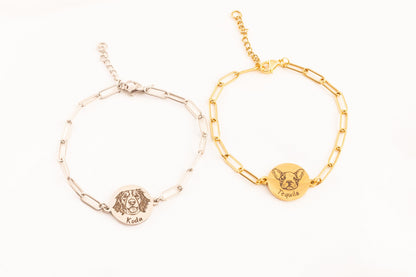 Custom Pet Portrait Bracelet: Engraved Dog Face Paperclip Chain - Torianic Jewelry