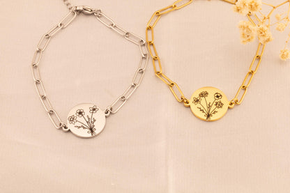 Custom Birth Flower Bouquet Bracelet: Paperclip Chain Floral Jewelry - Torianic Jewelry