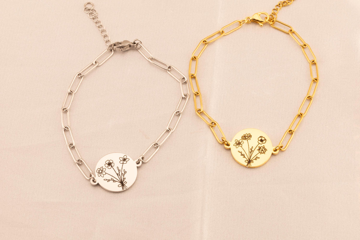 Custom Birth Flower Bouquet Bracelet: Paperclip Chain Floral Jewelry - Torianic Jewelry