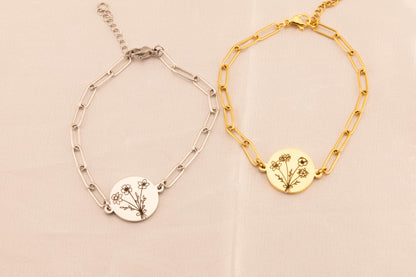Custom Birth Flower Bouquet Bracelet: Paperclip Chain Floral Jewelry - Torianic Jewelry